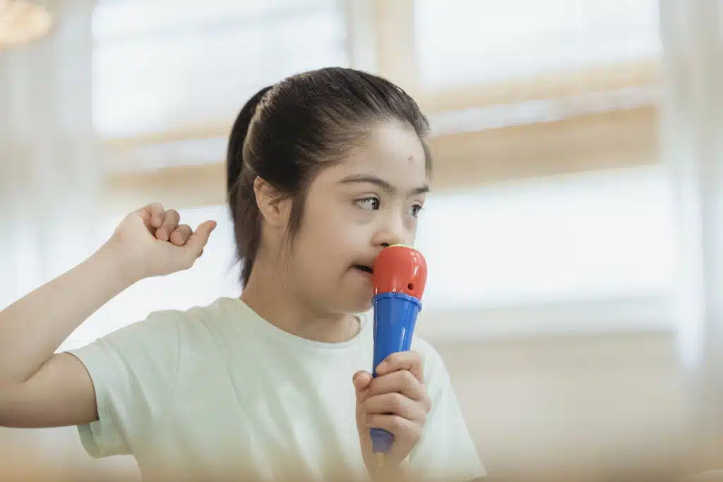 Young girl singing into a toy microphone, expressing joy and creativity indoors.