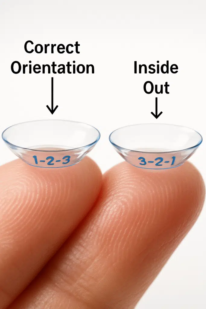Contact lens showing 1-2-3 number marking in correct order vs reversed, indicating right-side out vs inside-out lens orientation.