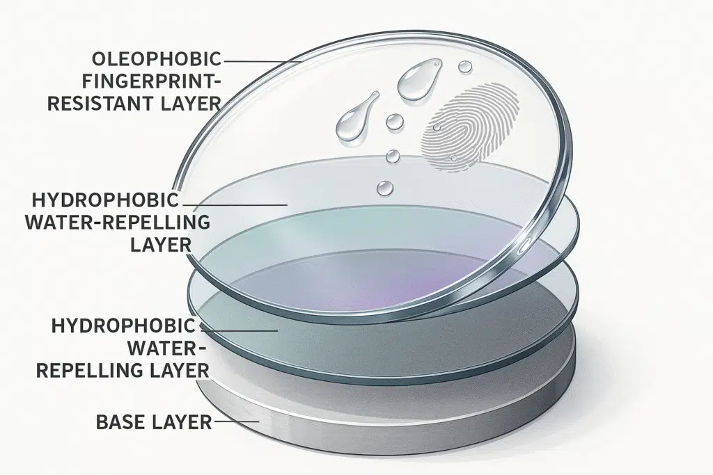 Cross-section of an eyeglass lens with multi-layer scratch-resistant, anti-reflective, hydrophobic, and oleophobic coatings.