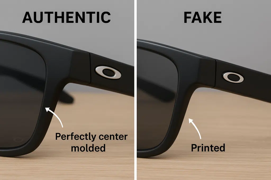 Close-up comparison of authentic and fake Oakley logos on both lens and frame arm