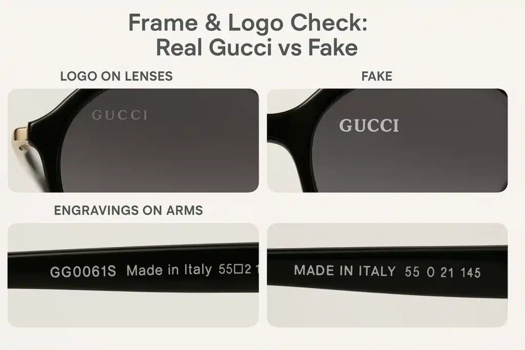 Close-up of Gucci sunglasses showing engraved GG logo on the lens and detailed markings on the arm.