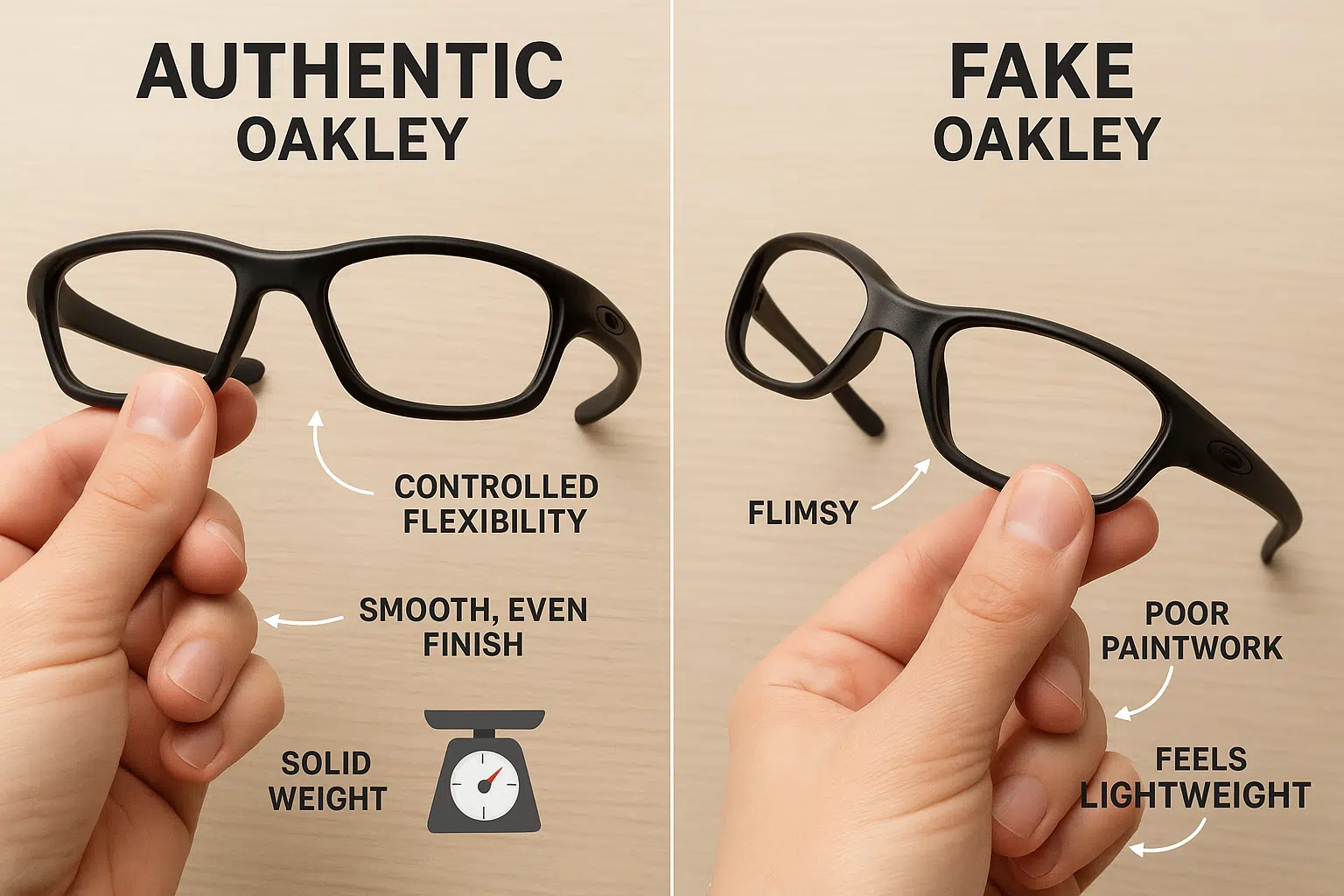 Side-by-side image comparing the build quality, paint, and frame flexibility of real and fake Oakley sunglasses