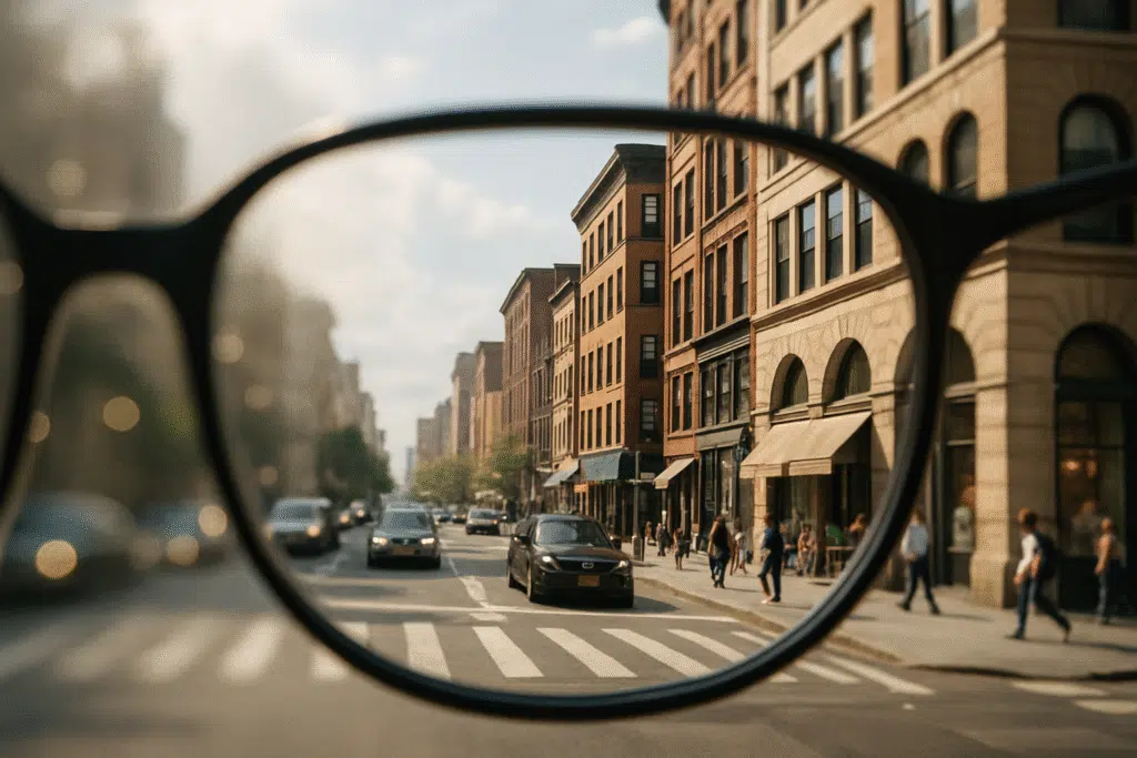 A view from glass showing Better, Sharper Vision.