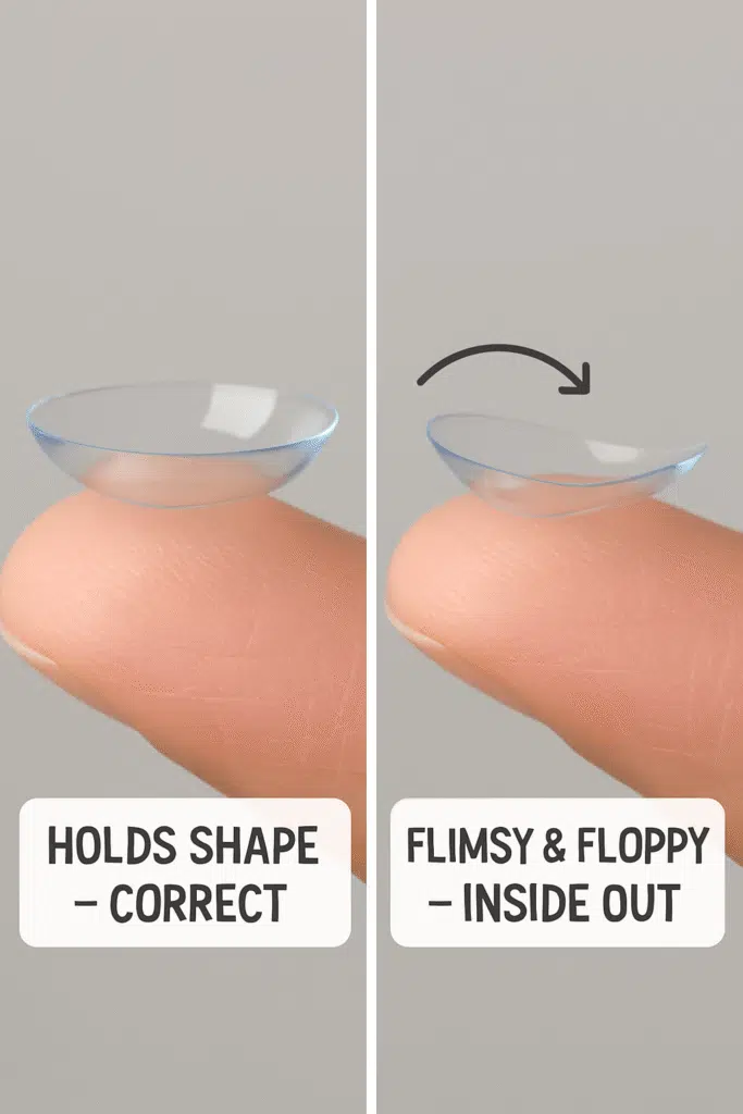 Contact lens easy flip test showing firm bowl shape vs flimsy, loose lens to identify correct orientation vs inside-out position.