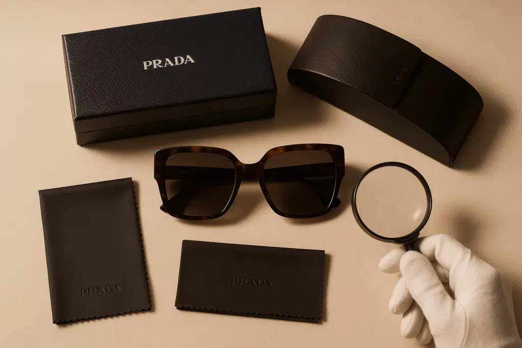 Authentic Prada sunglasses packaging with branded box, case, and cloth