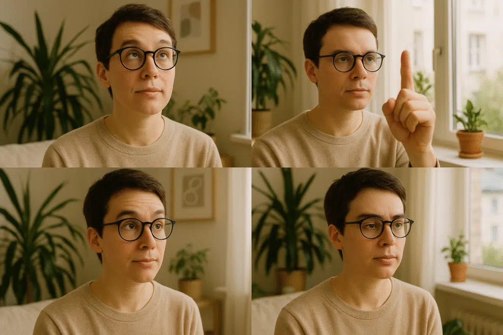 Person wearing glasses practicing eye roll, near and far focus, and figure eight tracing exercises.