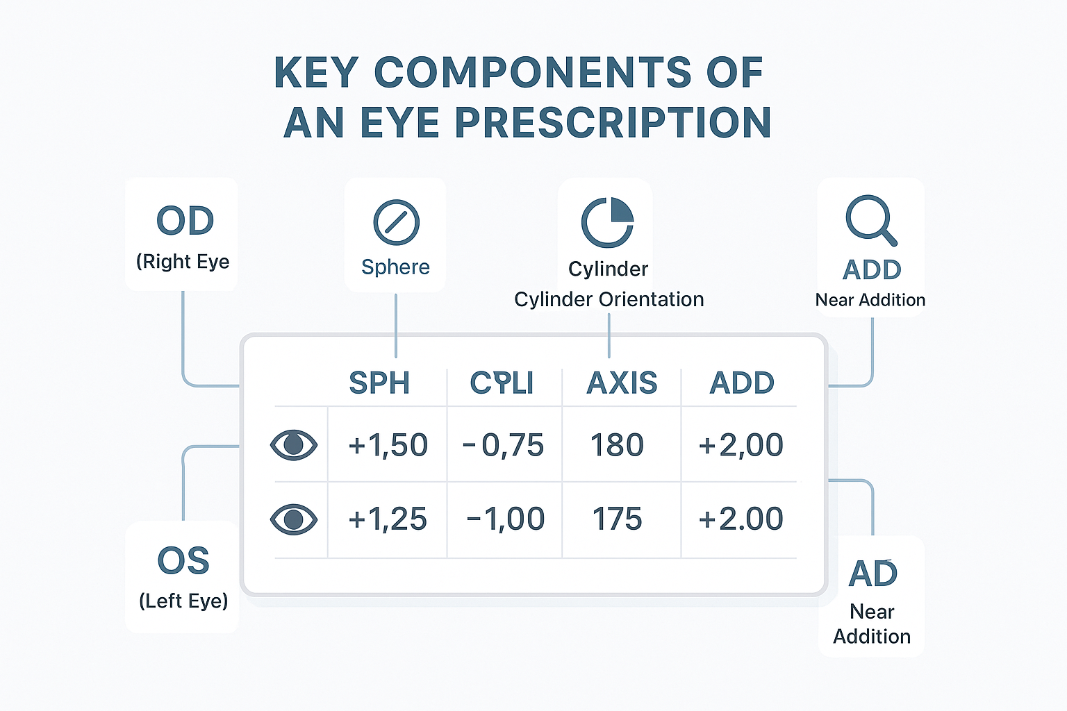 Infographic showing key elements of an eye prescription including OD, OS, SPH, CYL, Axis, and ADD with labeled explanations.