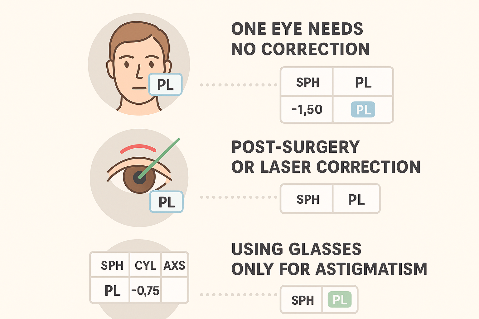 Infographic showing three common reasons for PL in a prescription: one eye needing no correction, post-surgery vision, and correction for astigmatism only.