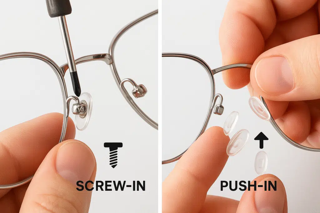 Side-by-side visual of adjusting screw-in and push-in nose pads on eyeglasses using a screwdriver and fingers