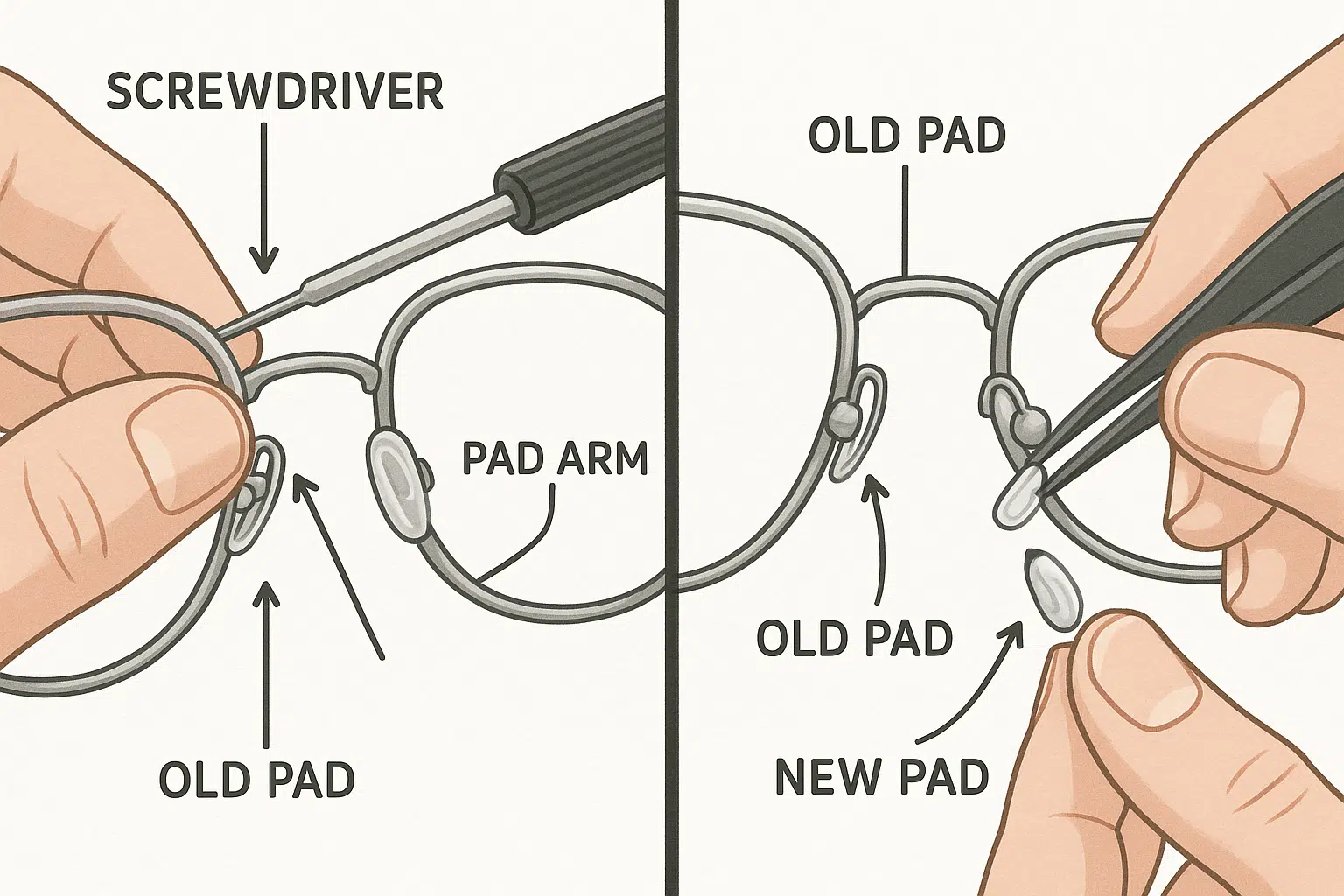Visual guide showing the replacement of screw-in and push-in nose pads on eyeglasses using a screwdriver and fingers