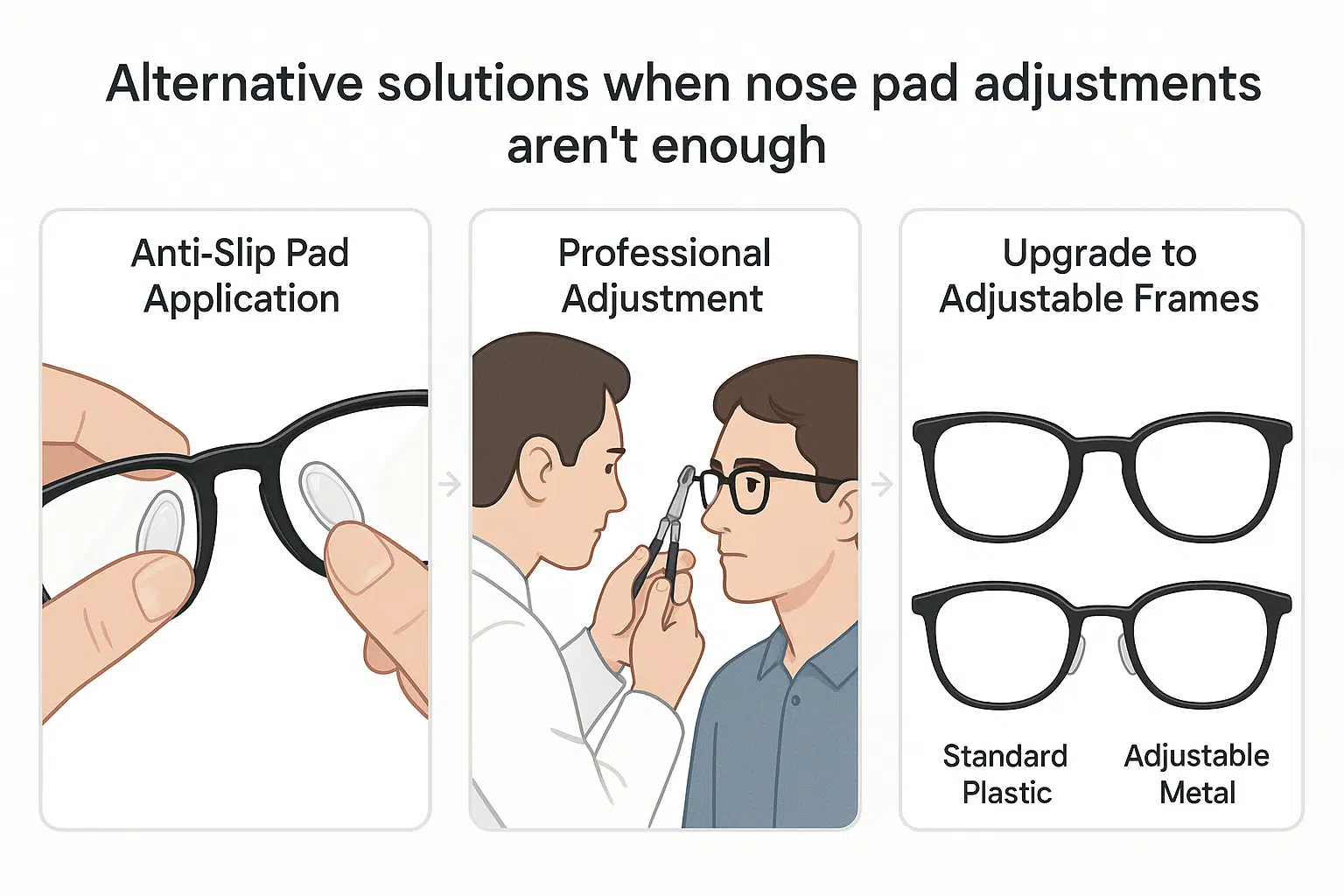 Visual guide showing three options when eyeglass nose pads don’t work: anti-slip pads, professional adjustment, and adjustable frames