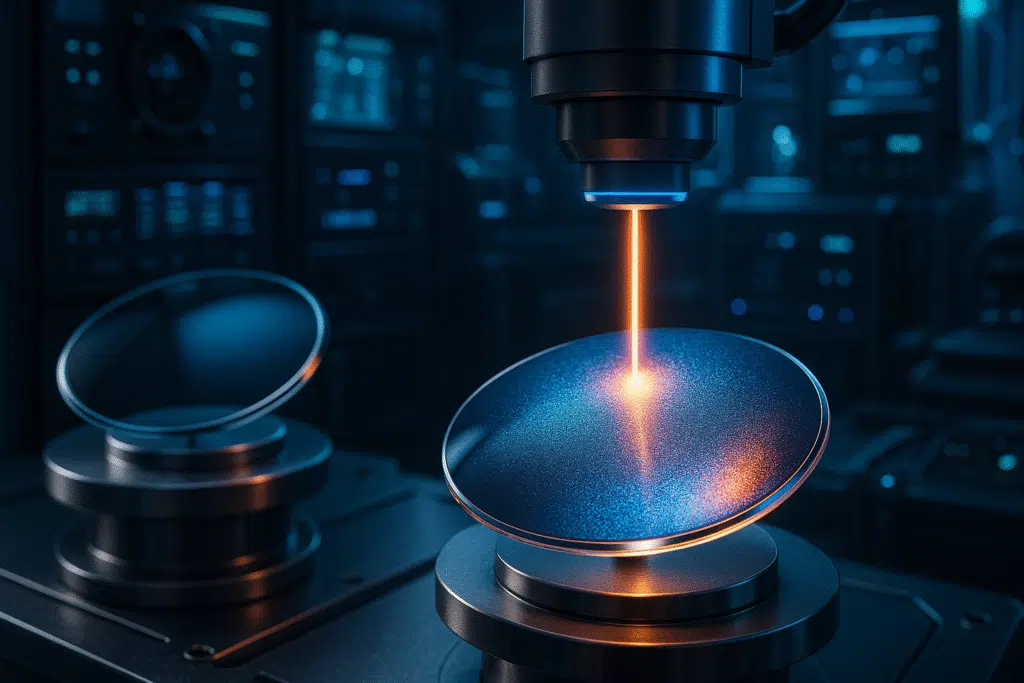 Eyeglass lens receiving a Diamond-Like Carbon (DLC) scratch-resistant coating using high-tech vapor deposition in an optical lab.