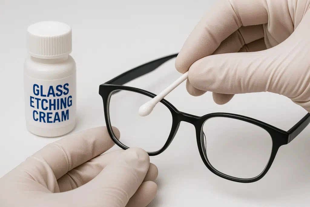 Applying glass etching cream to remove scratches from plastic glasses lenses – advanced DIY fix for surface-level damage