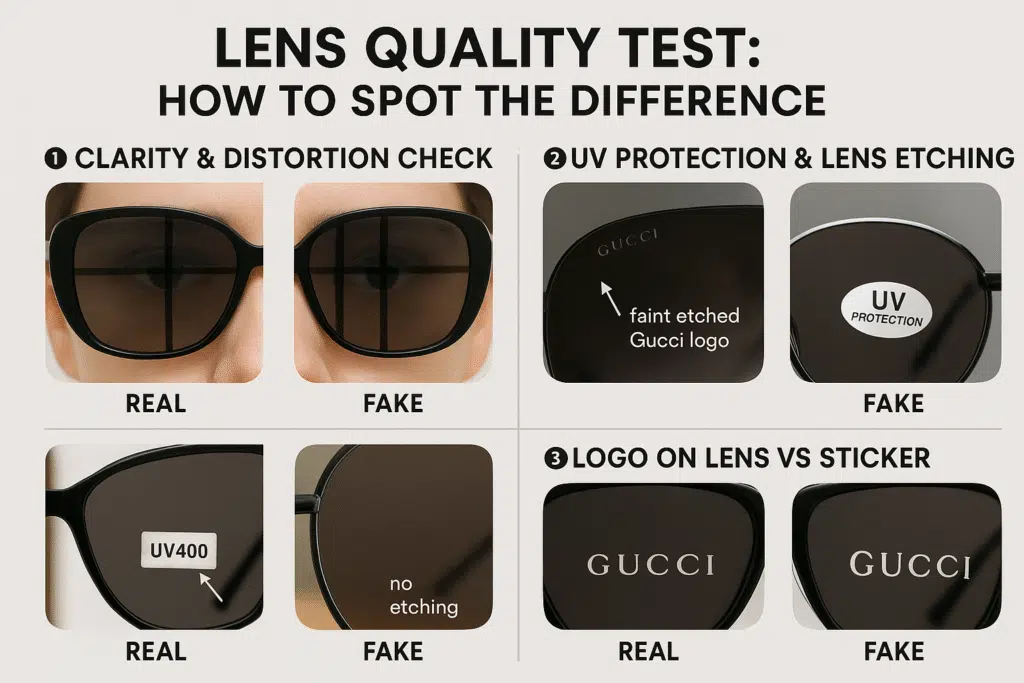 Close-up of Gucci sunglasses lenses under light, highlighting clarity and surface detail