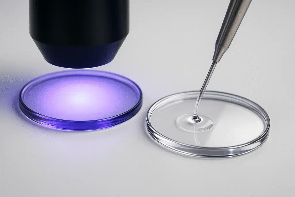 Close-up of eyeglass lenses receiving silicone-based and UV-cured scratch-resistant coatings under UV light.