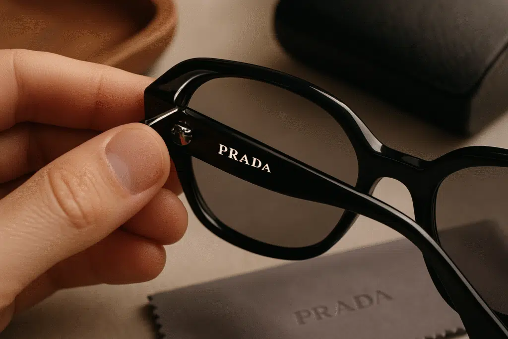 Inspecting authentic Prada sunglasses for weight, hinge quality, and build material