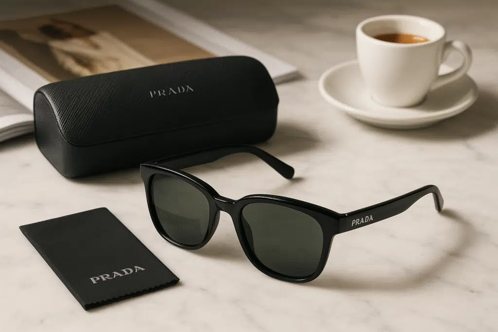 Authentic Prada sunglasses with sleek Italian design and logo branding on temple