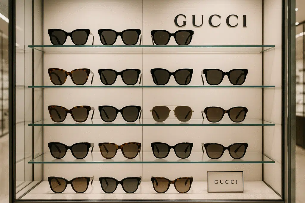 A shopper carefully examining Gucci sunglasses at an official retail store counter.