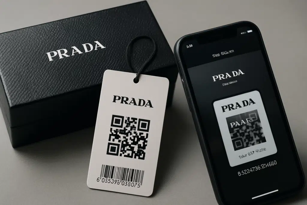 Scanning barcode on Prada sunglasses packaging using smartphone for authenticity check