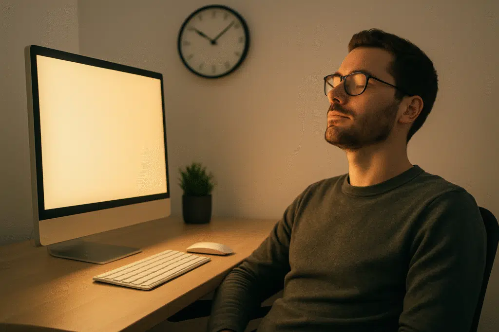 Person managing screen time with proper distance, blue light filter, and short eye breaks.