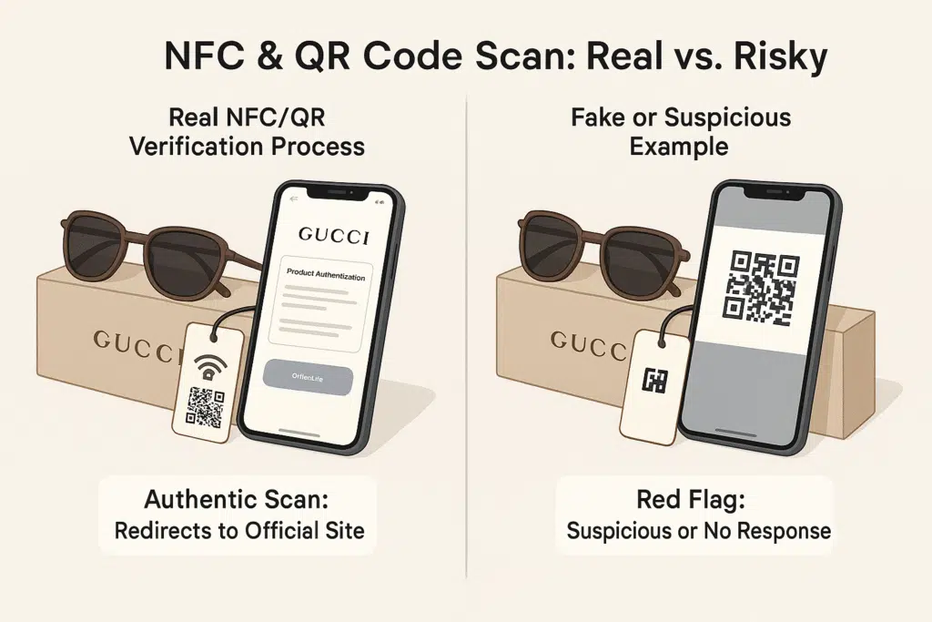 Close-up of a smartphone scanning an NFC tag on Gucci sunglasses arm.