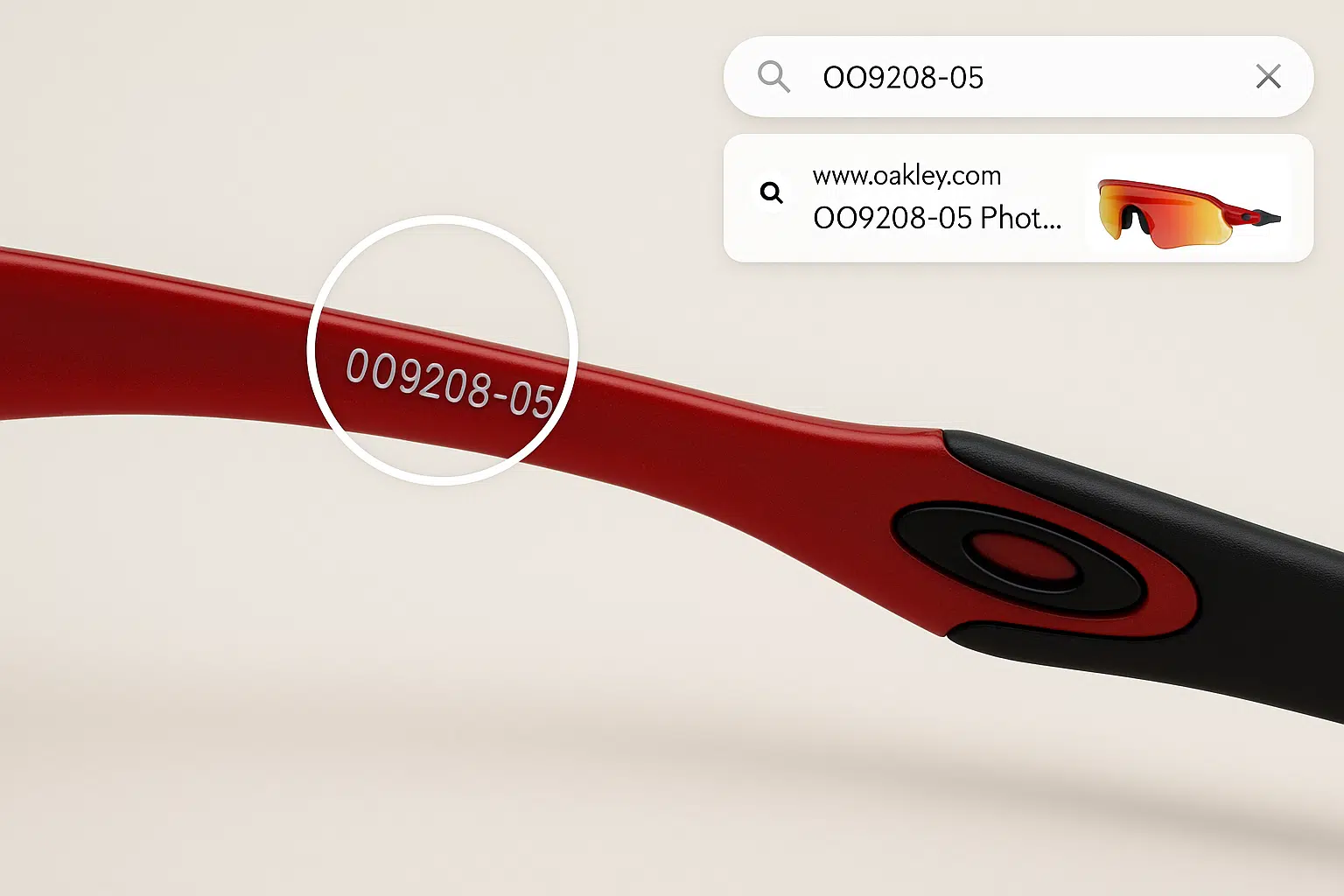 Close-up of Oakley sunglasses showing SKU printed on the inner temple arm with example search result