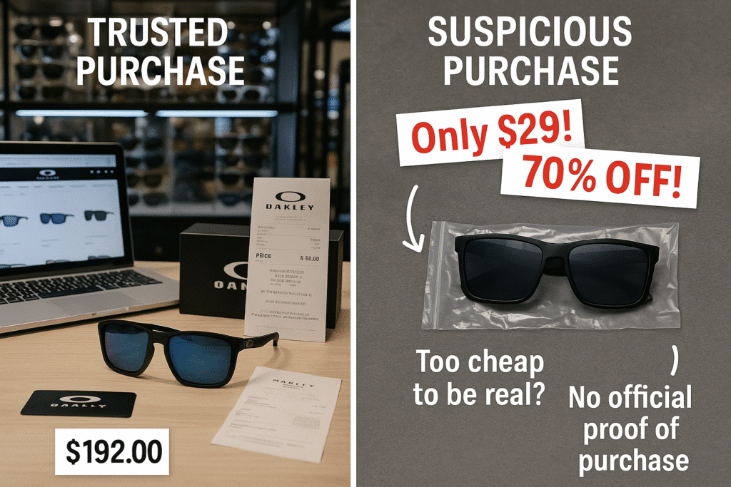 Comparison image of buying authentic Oakleys from trusted sources vs. fake ones from unreliable sellers with suspiciously low prices.