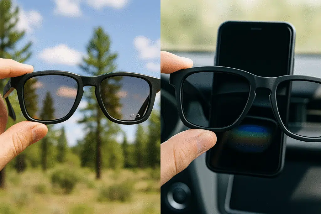 Side-by-side image showing Oakley lens clarity outdoors and polarized test using digital screen