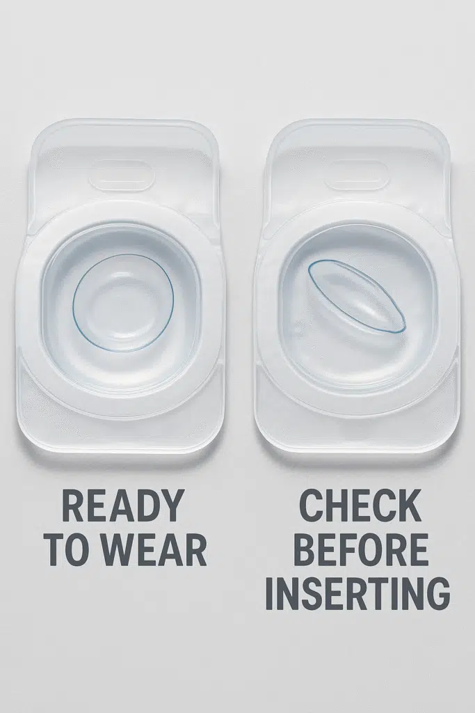 Daily contact lens blister pack showing correctly shaped dome vs tilted or lifted-edge lens indicating possible inside-out orientation.