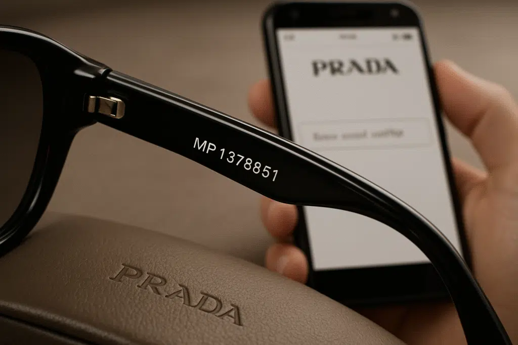 Laser-etched serial number on real Prada sunglasses near the hinge