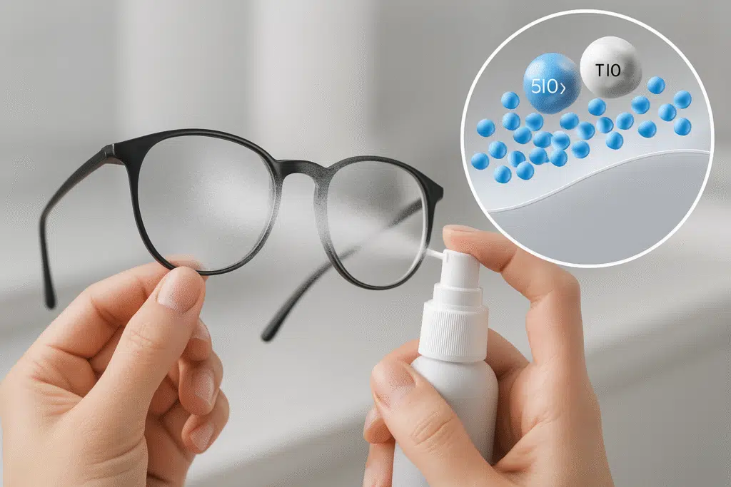 Eyeglass lens being treated with a nanoparticle spray coating for scratch resistance.