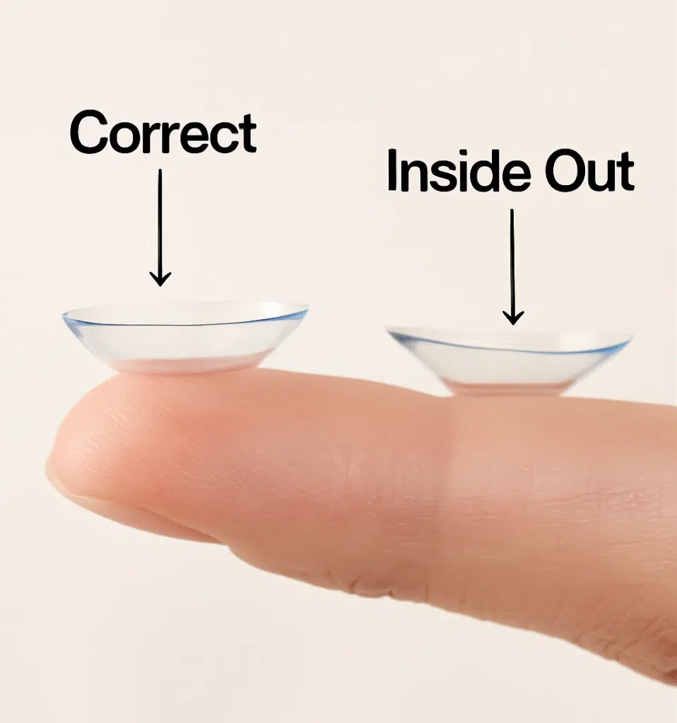 Side view of contact lens on fingertip showing difference between correct bowl shape and inside-out flared edge.