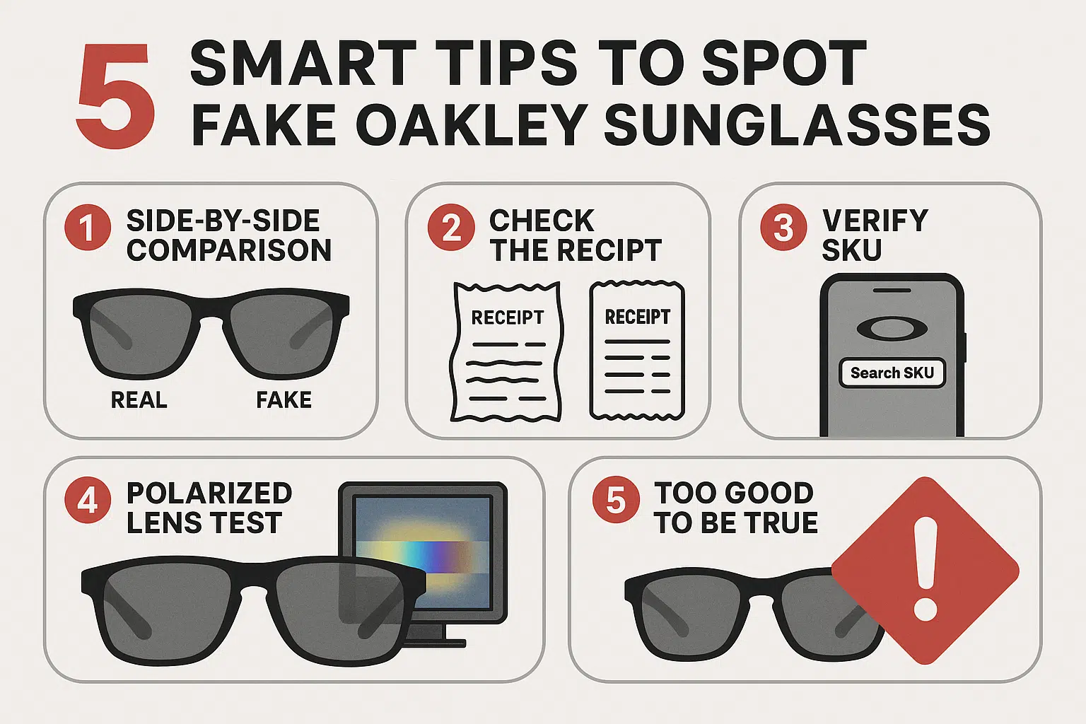 Infographic showing tips to detect fake Oakleys: compare pairs, check receipts, use Oakley app, do polarized test, and avoid cheap deals