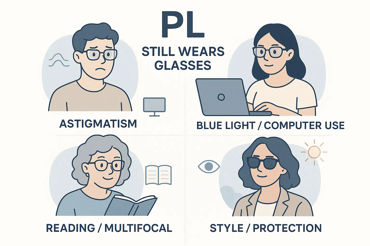 Infographic showing four reasons to wear glasses with a PL prescription: for astigmatism, blue light, reading, and style or protection.