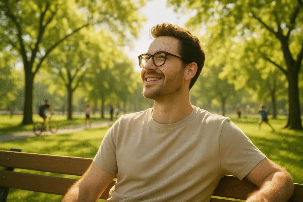 Person wearing glasses enjoying natural sunlight in a park to support eye health.