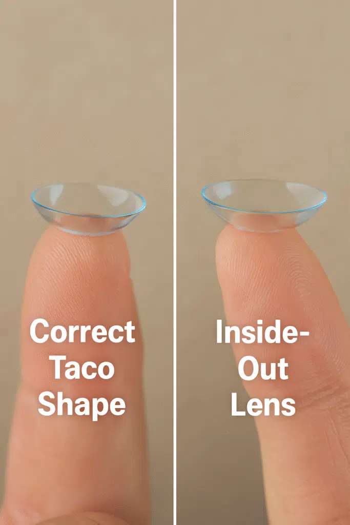 Contact lens taco test showing correct inward-folding shape vs. inside-out flared edges between thumb and index finger.
