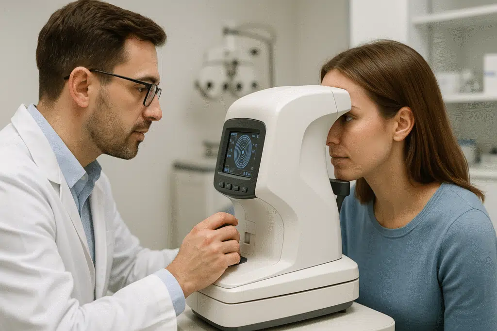An eye specialist and a patient doing eye checkup