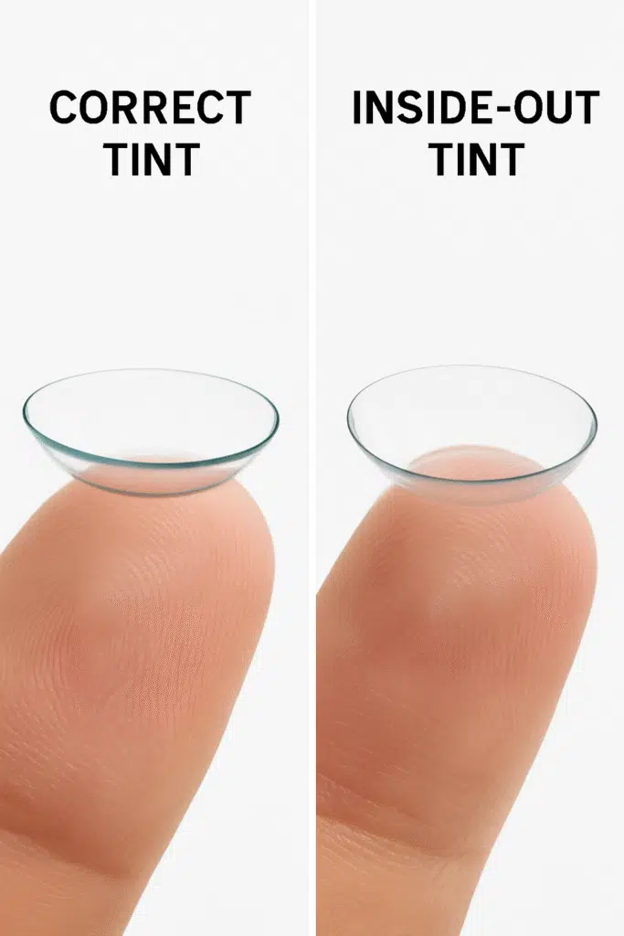 Contact lenses against white background showing clear tinted edge for correct orientation vs faint, uneven tint indicating inside-out lens