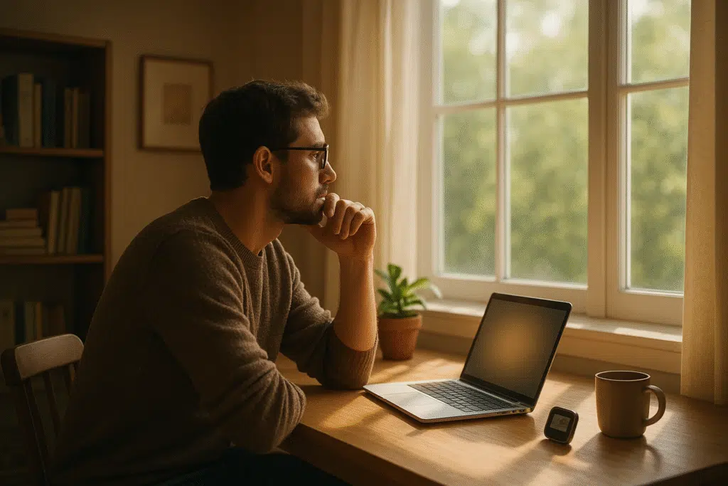 Person practicing the 20-20-20 rule by looking out a window at a distant tree to relax eye muscles.
