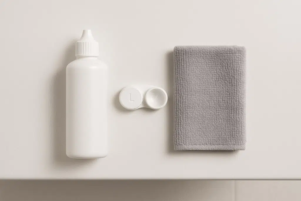 A towel and a contact lens case