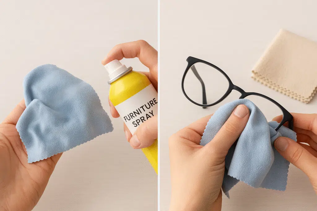 Using furniture spray to reduce scratches on eyeglasses – quick home remedy to restore lens clarity and shine.