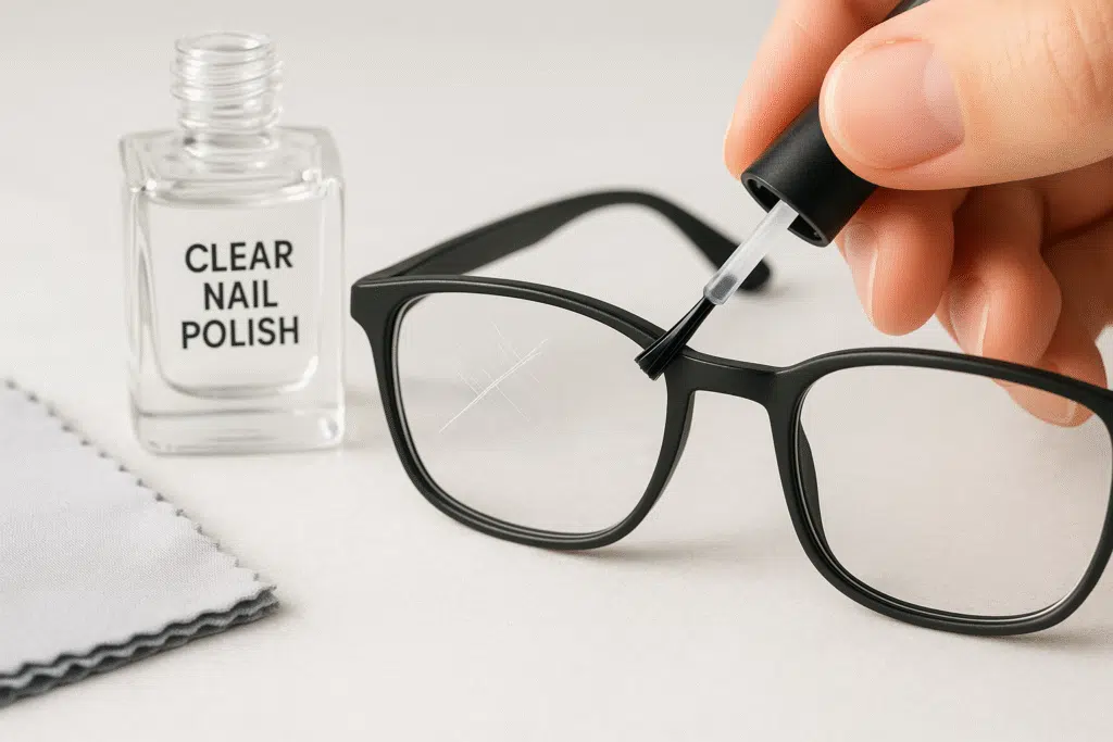 Fixing scratches on glasses with clear nail polish – DIY trick to fill surface marks and improve lens appearance.
