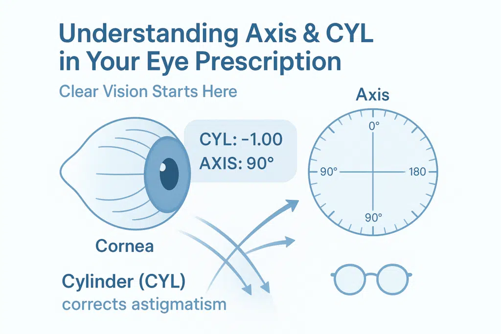 Infographic explaining Axis and CYL in an eye prescription, with diagrams showing astigmatism correction