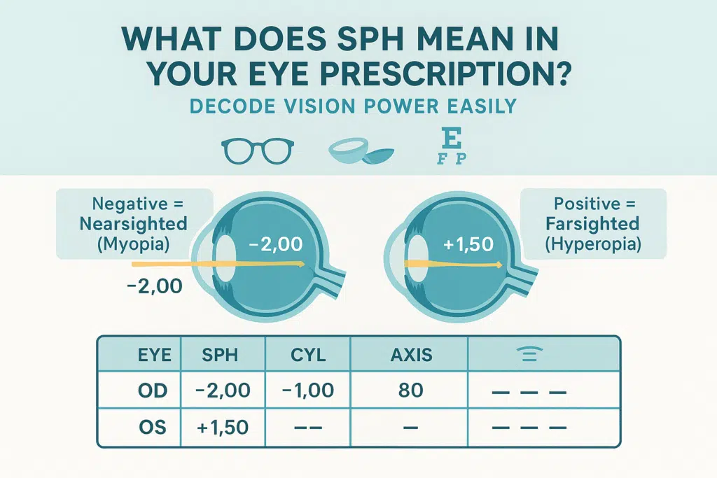 Infographic explaining SPH (Sphere) in an eye prescription with visuals comparing nearsightedness