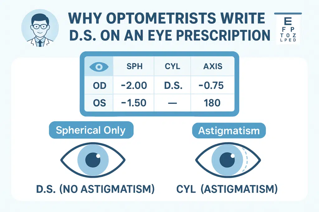 Infographic explaining why optometrists write D.S. and difference between D.S. and CYL on prescriptions.