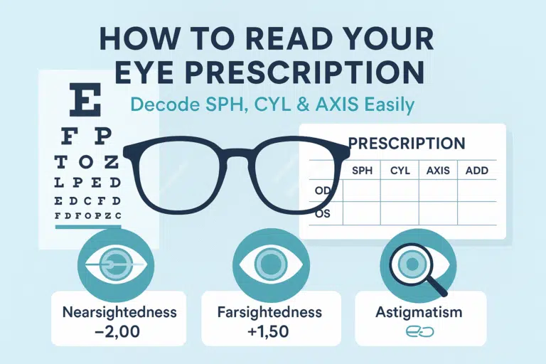 Infographic explaining how to read an eye prescription, showing SPH, CYL, AXIS, and OD/OS with examples