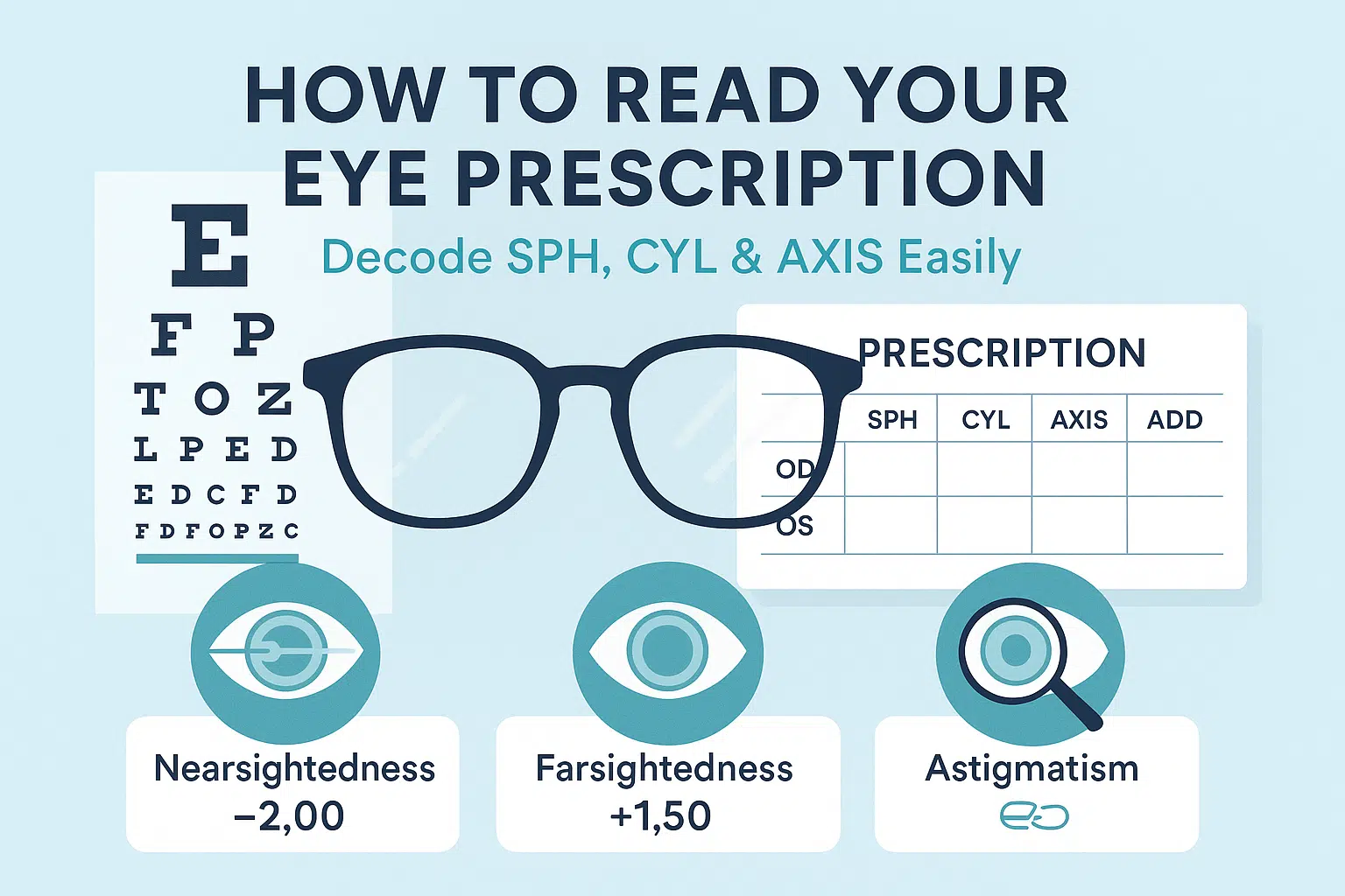 Infographic explaining how to read an eye prescription, showing SPH, CYL, AXIS, and OD/OS with examples