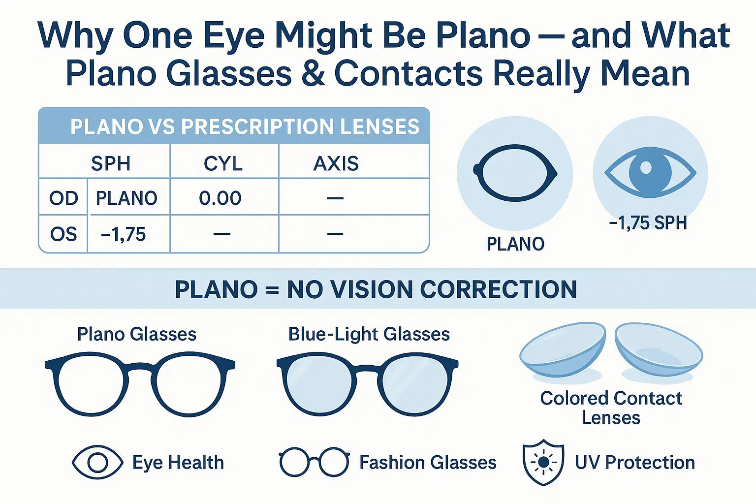 Infographic explaining why one eye might be Plano while the other needs correction