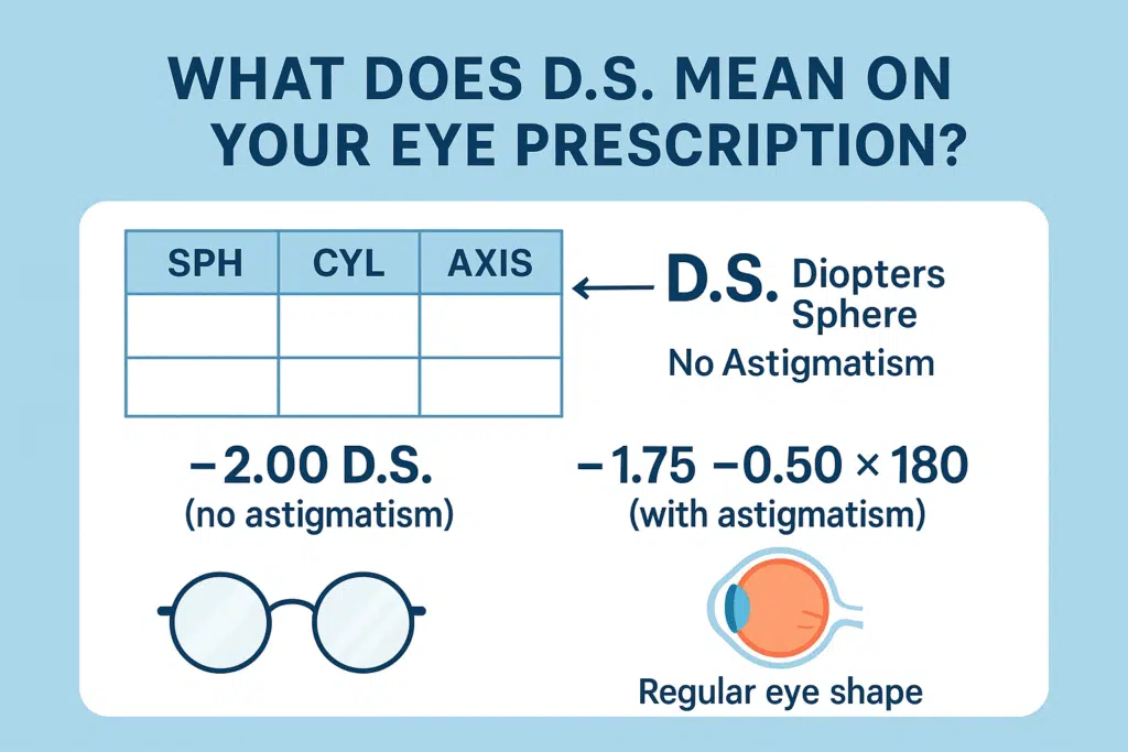 Eye prescription chart showing D.S. meaning Diopters Sphere with no astigmatism.