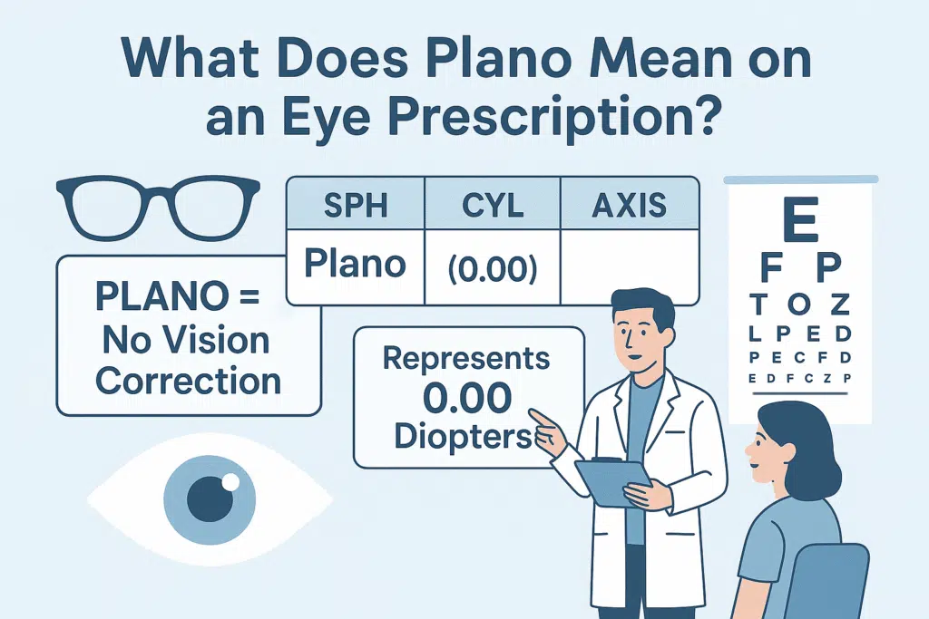 Infographic explaining what Plano means on an eye prescription, showing Plano = 0.00 diopters